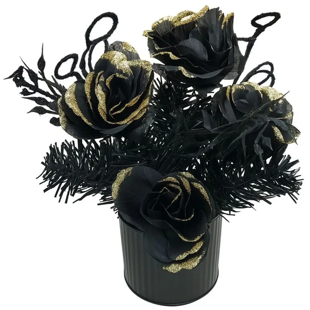 Artificial Flower Bouquet Arrangement Corrugated Tin Vase Black Gold Gray Rose